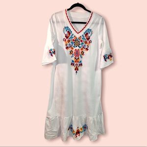 Embroidered boho hippie dress, white w colorful embroidery and ruffles, large?